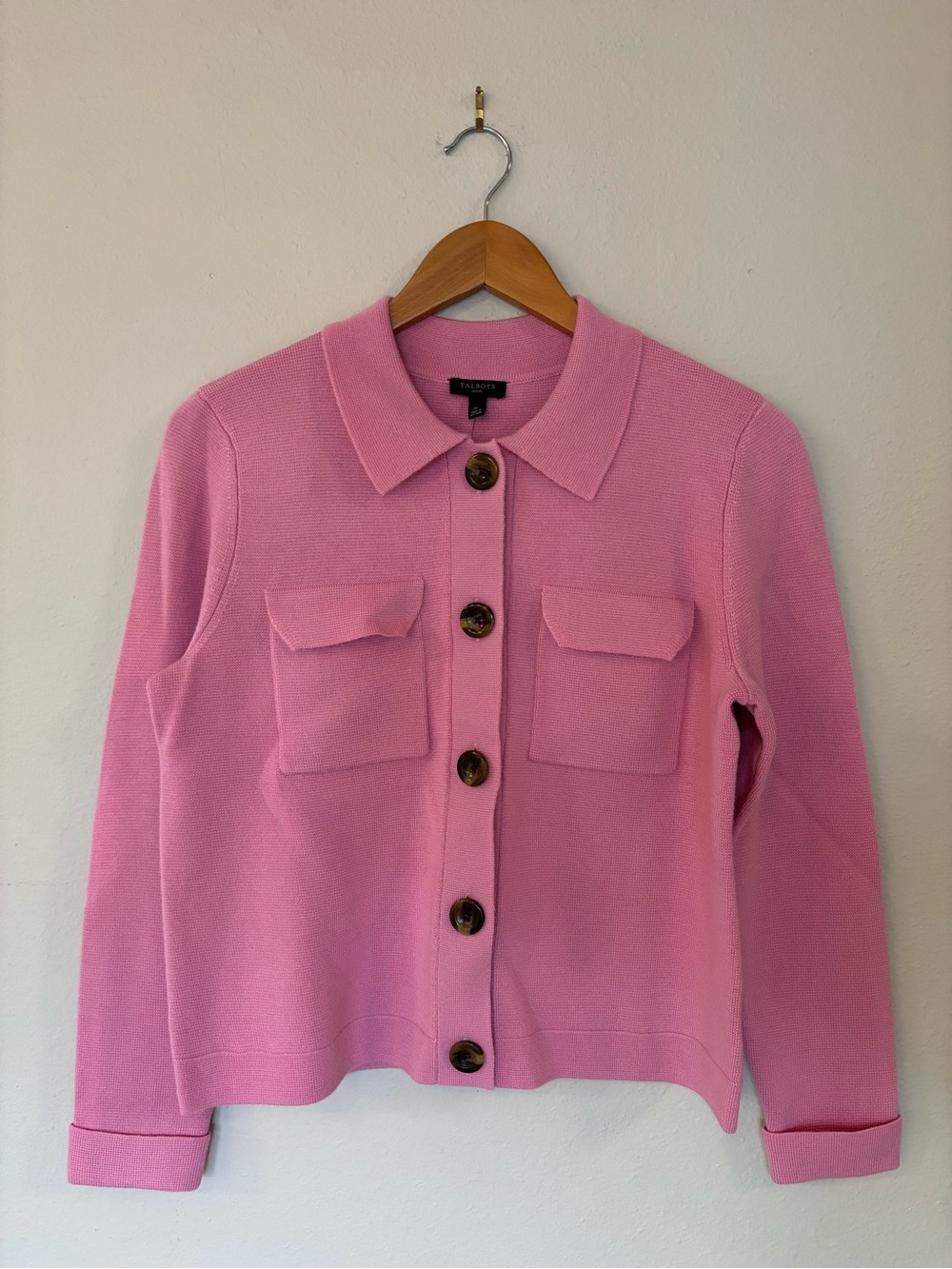 Talbots Pink Knit Button-Up Jacket with Patch Pockets
